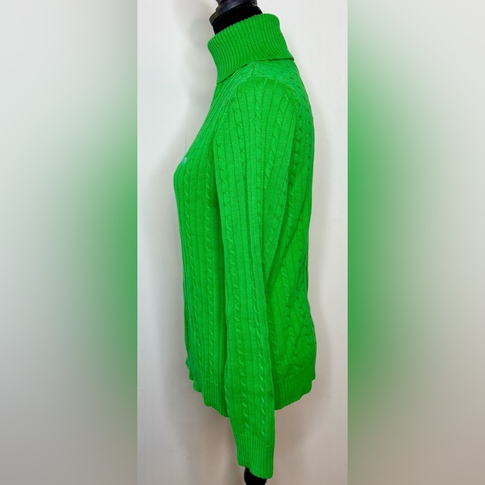 Izod preppy green cable knit turtleneck 100% cotton logo sweater petite large EC - Picture 6 of 8